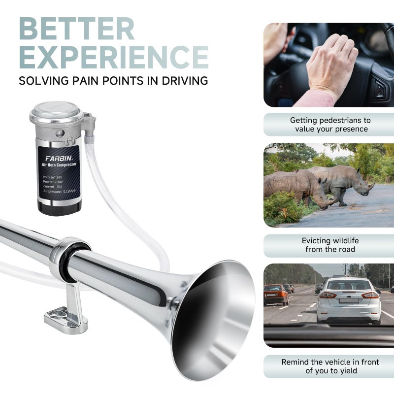 FARBIN هورن هواء قطار فربين 24 فولت 150 ديسيبل سوبر لود 18 بوصة كروم زنك بوق واحد مجموعة هورن هواء شاحنة مع ضاغط وكابل توصيل لأي مركبات 24 فولت - Image 3